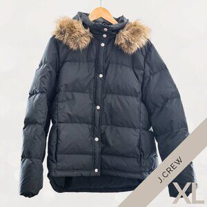 J.Crew Black Puffer Coat with Faux Fur Hood – Women’s XL